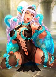 arms_behind_back breasts clothed clothed_female clothing elf female female_only lace-trimmed_thighhighs lingerie open_mouth purple_hair sasagawa_(haikaiki) side-tie_panties slime_bondage spread_legs tentacle tentacle_around_neck tentacles_around_arms tentacles_around_breasts tentacles_around_legs tentacles_under_clothes thighhighs