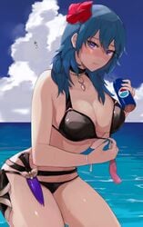 1girls adjusting_swimsuit bare_arms bare_legs bare_thighs bikini black_bikini black_swimsuit blue_eyes blush byleth_(fire_emblem) byleth_(fire_emblem)_(female) byleth_(fire_emblem)_(female)_(summer) cleavage drink drinking embarrassed female female_focus female_only fire_emblem fire_emblem:_three_houses fire_emblem_heroes flower flower_in_hair grabbing ki9 knife large_breasts light-skinned_female looking_at_viewer pulling sea seaside soda solo sweat sweatdrop swimsuit teal_hair teasing thick_thighs thighs translation_request w_(1999_kyu) water