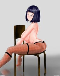 1girls ass ass_cleavage barefoot bob_cut boruto:_naruto_next_generations breasts butt_crack female female_only fishnet_pantyhose huge_breasts hyuuga_hinata looking_back mr_evil naruto naruto_(series) on_chair pantyhose purple_hair short_hair sideboob sitting spread_legs tiptoes topless violet_eyes