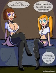 2girls alternate_version_available areola areolae bed bedroom big_breasts black_high_heels blue_eyes blue_eyeshadow breasts bursting_breasts busty cleavage clothing crossed_legs danny_fenton danny_phantom daughter dialogue ear_piercing earring earrings english_text eyelashes eyeshadow female female_only front-tie_top garabatoz gyaru halloween high_heels hips implied_incest jazz_fenton large_breasts legwear lips lipstick long_hair looking_at_viewer lower_body madeline_fenton medium_breasts milf miniskirt mother mother_and_daughter multiple_girls nickelodeon nipple_slip no_bra nude offscreen_character offscreen_male on_bed panties pantyshot pantyshot_(sitting) piercing pleated_skirt purple_eyeshadow purple_hair purple_panties red_lips red_lipstick school_uniform schoolgirl seductive seductive_look seductive_smile shirt short_hair sitting skimpy skimpy_clothes skirt smile smiling speech_bubble stockings take_your_pick talking_to_viewer text text_bubble thick_thighs thighhighs tied_shirt tight_clothing twintails underwear upper_body upskirt waist wide_hips