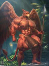 2020 3:4 5_fingers abs anthro avian balls beak biceps big_balls big_muscles black_claws claws clothed clothing detailed_background digital_media_(artwork) feathered_wings feathers fingers full-length_portrait genitals gryphon hi_res holding_object holding_weapon huge_muscles jugg4 jungle loincloth looking_at_viewer male male_only melee_weapon muscular muscular_anthro muscular_male mythological_avian mythology nipples obliques orange_eyes pecs penis polearm portrait quads red_balls red_body red_feathers red_nipples red_penis red_tail red_wings serratus solo spear standing step_pose tail_tuft toe_claws toes tribal tuft weapon wings yellow_beak