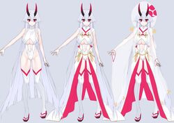 1girls alternate_costume ass_visible_through_thighs character_sheet curvy dress fate/grand_order fate_(series) horns huge_breasts large_breasts looking_at_viewer monster_girl oni oni_horns red_eyes sandals silver_hair swimsuit thighhighs tomoe_gozen_(fate) underwear watosu_(watosu_mama)