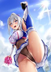 1girls 3104_(3104milkshake) :d armpit_cutout armpits ass azur_lane bangs black_leotard blue_legwear blue_sky blush bow breasts cameltoe casablanca_(azur_lane) casablanca_(cheer_squad_on_break)_(azur_lane) cheerleader cleavage cloud covered_navel cowboy_shot crop_top day eagle_union_(azur_lane) eyebrows_visible_through_hair female flexible gluteal_fold hair_between_eyes hair_ornament hairbow high_resolution holding_pom_poms large_breasts leg_up leotard leotard_under_clothes light-skinned_female light_skin long_hair long_sleeves looking_away midriff miniskirt open_mouth outdoors partially_visible_vulva pleated_skirt pom_poms purple_eyes ribbed_legwear sidelocks silver_hair skirt sky smile solo splits standing standing_on_one_leg sunlight sweat taut_clothes thighhighs thighs two-tone_skirt upper_teeth vertical_splits viewed_from_below wedgie white_skirt