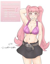 1girls bangs belt blush bra breasts claraspregs cleavage female fire_emblem fire_emblem:_three_houses highres hilda_valentine_goneril large_breasts long_hair looking_at_viewer open_mouth pink_bra pink_eyes pink_hair shirtless simple_background skirt smile solo underwear undressed undressing