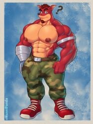 5_fingers abs activision anthro bandicoot bara bara_tiddies bara_tits big_chest big_pecs big_pectorals blue_eyes boots bottomwear brown_body brown_fur brown_hair bulge camo camo_bottomwear camo_clothing camo_pants camo_print chest clothing crash_(series) crunch_bandicoot curvy curvy_figure cybernetic_arm cybernetic_limb facial_hair fingers footwear front_view fur genital_outline gigantic_chest goatee hair hi_res huge_chest huge_pecs humanoid hunnipanda large_pectorals looking_at_viewer male male_only mammal manboobs marsupial massive_chest massive_pecs moobs muscles muscular muscular_anthro muscular_arms muscular_humanoid muscular_legs muscular_male navel nipples pants pattern_bottomwear pattern_clothing pattern_pants pecs pectorals penis_outline question_mark shirtless signature simple_background solo standing tan_body tan_fur topless video_games