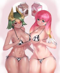 2girls abs bare_shoulders big_breasts bikini blue_eyes breast_grab chocolate_and_vanilla cow_girl cow_print cow_print_bikini dark-skinned_female dark_skin earrings female_only fire_emblem fire_emblem_heroes green_hair gunnthra_(fire_emblem) laegjarn_(fire_emblem) large_breasts medium_hair milk multicolored_hair nintendo pink_hair red_eyes rype short_hair sideboob small_bikini smile thick_thighs underboob year_of_the_ox