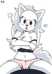 absurd_res angry anonymous_artist anonymouse anthro blanca_(nicky_illust) blush bra cameltoe canid canine canis chest_tuft clothing covering covering_self domestic_dog female hi_res mammal nordic_sled_dog samoyed solo spitz sports_bra tuft underwear