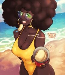 1girls afro beach big_breasts black_hair chikkibug chips chips_(food) clothed dark-skinned_female dark_skin earrings female pringles safe seaside sfw solo sunglasses swimsuit tinted_eyewear yellow-tinted_eyewear yellow_fingernails yellow_swimsuit