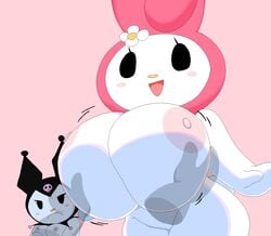 1boy 2girls anon anthro breast_grab breasts bunny cassettedream cute dream-cassette female furry hood hoshime huge_breasts jealous jester_cap kuromi male medium_breasts mob_face my_melody onegai_my_melody rabbit sanrio shortstack white_fur