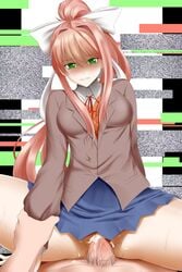 1boy 1girls artificial_intelligence biting_lip blue_skirt blush blushing brown_hair clothed_female_nude_male cowgirl_position cum cum_in_pussy cum_inside doki_doki_literature_club female female_on_top glitching green_eyes hair_ribbon kimmy77 looking_at_viewer male male_pov male_pubic_hair monika_(doki_doki_literature_club) nightmare_waifu penis pov pov_eye_contact pubic_hair red_hair red_ribbon school_uniform smile straight straight_sex sweater_vest vaginal_penetration video_game_character white_ribbon wrist_grab wrist_pull_cowgirl