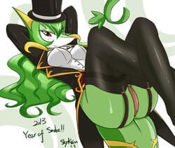 anthro ass breasts female formal_wear garter_straps green_hair legs_up pokemon scalie serperior skykain stockings tail top_hat