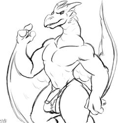 1:1 anthro balls bigshow bulge clothing furry genital_outline genitals godzilla_(series) hi_res kaiju lewd_(disambiguation) looking_at_viewer male male_only monochrome penis penis_outline rodan solo thong toho underwear wings