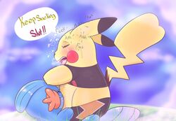 2019 absurd_res ambiguous_gender blush bodily_fluids breast_sucking breastfeeding breasts breath cleft_tail clothing cosplay_pikachu cosplay_pikachu_(costume) costume dialogue digital_media_(artwork) domination dsmm duo english_text female female_domination female_on_top feral heart hi_res interspecies mudkip multi_nipple nintendo nipple_fetish nipple_play nipple_suck nipples on_top open_mouth pikachu pikachu_libre pokémon_(species) pokemon pokemon_(species) profanity speech_bubble sucking sweat teats teeth text udder_breasts udders video_games