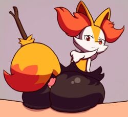 ambiguous_gender anthro ass big_butt black_body black_fur braixen duo fangs fur genitals hot_dogging human human_on_anthro inner_ear_fluff interspecies looking_at_viewer looking_back male male/ambiguous mammal nintendo orange_body orange_fur penis pokémon_(species) pokemon pokemon_(species) red_eyes sex smile solidpoint stick tuft video_games white_body white_fur yellow_body yellow_fur