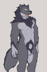 anthro balls big_balls canid canine canis clydeli fur genitals grey_body grey_fur hi_res male male_only mammal nude rwolf2 solo were werecanid werecanine werewolf wolf yellow_eyes