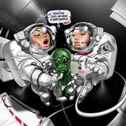 2girls alien asian astronaut astronauts athena1 boner english_text erection erection_under_clothes erection_under_clothing female green_skin male male_focus nervous sci-fi science_fiction space spacesuit underwear