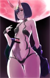 1futa blunt_bangs bob_cut censored eyelashes fate/grand_order fate_(series) futa_only futa_sans_balls futanari grin horns kon_(kdash) moon purple_eyes purple_hair short_hair shuten_douji_(fate) small_breasts solo solo_futa useless_armor veiny_penis wide_hips