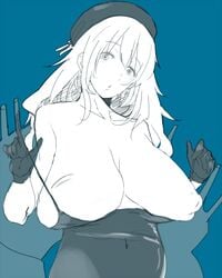 atago_(kantai_collection) blue_background gloves hat head_tilt huge_breasts kantai_collection kon_(kdash) long_hair looking_at_viewer monochrome one-piece_swimsuit swimsuit undressing