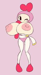 blinking bomberman breasts breasts_out huge_breasts looking_at_viewer metachoke nipples pink_bomber simple_background super_bomberman_r