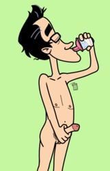 1boy black_hair cowboy_shot drinking erection eyes_closed feet_out_of_frame fugget_about_it glasses green_background hairy_balls holding_penis ice_cubes male_only masturbation naked nude petey_falcone retracted_foreskin sippy_cup stroking_cock tagme