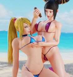 2girls 3d 3d_(artwork) adeptusinfinitus beach big_breasts bikini black_hair blender blonde_hair blue_eyes breast_grab breasts capcom choker crossover drill_hair female_only fit juri_han lotion metroid multiple_girls muscular nintendo ponytail purple_eyes samus_aran smile street_fighter street_fighter_v suggestive suggestive_fluid thong yuri