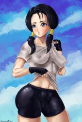 1girls bike_shorts black_hair blue_eyes dragon_ball dragon_ball_z female nipples_visible_through_clothing solo sweat t-shirt tuomashart twintails videl