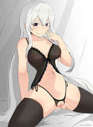 areolae ass black_legwear black_panties breath echidna_(re:zero) female hair_between_eyes hand_to_own_mouth hioyami long_hair looking_at_viewer medium_breasts navel nipples on_bed panties partially_clothed purple_eyes pussy pussy_juice pussy_juice_drip re:zero_kara_hajimeru_isekai_seikatsu see-through_clothing sitting smild solo_female stockings sweat thick_thighs white_hair