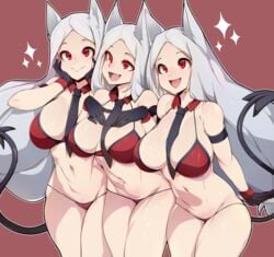 3girls absurdres big_breasts bikini bra breasts cerberus_(helltaker) cleavage collar demon_girl devil_tail furry_ears happy helltaker highres huge_filesize large_breasts looking_up panties red_eyes slugbox smile smiling tail thick_thighs thighs tie underwear white_hair