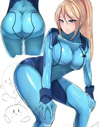 1girls ass ass_focus big_breasts bodysuit breasts bubble_butt female female_focus interspecies kirby kirby_(series) large_breasts menbo metroid nintendo samus_aran skin_tight solo_focus squatting super_smash_bros. tight_clothing white_background zero_suit zero_suit_samus