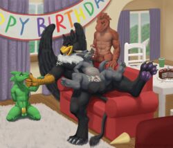 ananace andromorph anthro avian balls beak birthday bodily_fluids cake chastity_cage chastity_device cuck cuckold cum cuntboy dinosaur dragon dromaeosaurid feathers feet food foreskin fur gangbang genital_fluids genitals group group_sex gryphon hi_res intersex knot kobold male male/male mythological_avian mythology oral orgy paws penis raptorlars reptile scalie sex stormgryphon thejoyfuldragon theropod vaginal_penetration varenvel