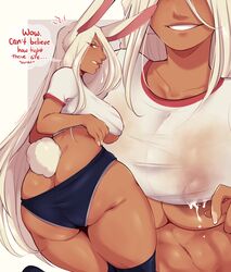 1girls abs ass big_ass bunny_ears bunny_tail chikkibug dark-skinned_female dark_skin female female_only gym_uniform lactation lactation_through_clothes long_hair mature_female milk_drop miruko muscles muscular muscular_female my_hero_academia nipples_visible_through_clothing red_eyes rumi_usagiyama school_uniform solo tight_clothing tight_underwear underwear white_hair