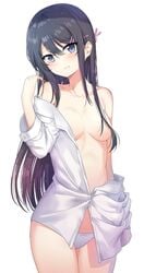 1girls accessory black_hair blue_eyes bunny_girl clothing long_hair medium_breasts no_bra panties pure_girl sakurajima_mai seishun_buta_yarou_wa_bunny_girl_senpai_no_yume_wo_minai small_breasts smile smiling solo_female teasing undressing white_panties white_shirt