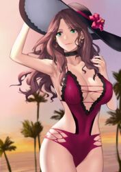 1girls alternate_costume armpits beach breasts brown_hair choker cleavage dorothea_arnault earrings female fire_emblem fire_emblem:_three_houses flower green_eyes hat j@ck large_breasts long_hair midriff one-piece_swimsuit palm_tree pink_nails purple_nails red_swimsuit solo sun_hat sunset swimsuit