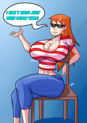 1girls abs arm_up breasts chair cleavage dee_dee_replacement dexter's_laboratory english_text female female_focus female_only glasses huge_ass huge_breasts huge_thighs jeans large_breasts long_hair midriff navel orange_hair pants red_hair redraw richdraw seductive sitting speech_bubble sunglasses text thighs tinted_eyewear