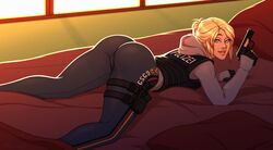 1girls 5_fingers ass ass_up big_ass blonde_hair blue_eyes clothed clothing dat_ass gun human iq_(rainbow_six) kateami leggings looking_at_viewer on_bed pillow pistol rainbow_six rainbow_six_siege ranged_weapon smile solo tight_clothing tom_clancy weapon white_skin