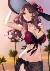 1girls alternate_costume armpits beach bikini black_bikini black_swimsuit breasts brown_hair choker cleavage dorothea_arnault dorothea_arnault_(summer) earrings female fire_emblem fire_emblem:_three_houses fire_emblem_heroes flower green_eyes hat j@ck large_breasts long_hair midriff palm_tree pink_nails purple_nails solo sun_hat sunset swimsuit veil