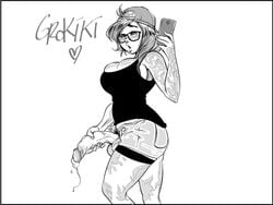 1futa backwards_baseball_cap balak big_breasts booty_shorts breast_press clothed clothes clothing futa_only futanari glasses half-closed_eyes hat human masturbation monochrome mostly_clothed open_clothes open_pants penile_masturbation penis penis_out phone precum selfie shorts simple_background skindentation solo tattoo text white_background