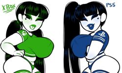 2girls bangs beauty_mark belly big_ass big_breasts big_butt big_thighs blue_blush blue_eyeshadow blue_hair blue_legwear blue_lipstick blue_thong blue_tongue blush blushing cinnabus closed_eyes console-tan crossed_arms dark_hair female female_focus female_only green_blush green_eyeshadow green_hair green_legwear green_lipstick green_thong green_tongue hair_tie hairtie hands_on_hips heart_marking large_ass large_breasts long_hair looking_at_viewer low_twintails microsoft mole mouth_open multicolored_socks one_eye_closed one_eye_open open_mouth ponytail ps4-tan resting_breasts short_sleeves side_ponytail side_view simple_background smile smiling socks sona_(cinnabus) sony_corporation thick_thighs thigh_highs thighhighs thong tongue tongue_out twintails two_tone_socks very_long_hair white_background white_skin wink winking xbox_one-tan