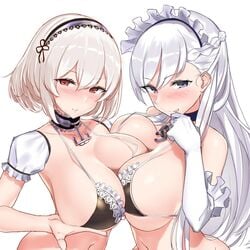 1:1_aspect_ratio 2girls anchor_choker azur_lane bare_shoulders belfast_(azur_lane) bikini black_bikini black_swimsuit blue_eyes blush breast_press breasts chains choker clavicle closed_mouth collar come_hither detached_sleeves elbow_gloves female gloves jewelry lace lace-trimmed_bikini lace-trimmed_choker lace-trimmed_hairband lace_trim large_breasts looking_at_viewer maid_headdress multiple_girls nanae puffy_sleeves red_eyes ring short_sleeves silver_hair simple_background sirius_(azur_lane) smile swimsuit symmetrical_docking take_your_pick tongue tongue_out wedding_ring white_background white_gloves white_hair yuri