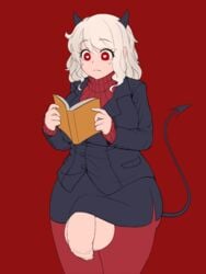 1futa balls black_horns black_tail demon demon_girl demon_horns demon_tail demoness flaccid flaccid_penis foreskin futanari heart-shaped_pupils hearts helltaker minishell modeus_(helltaker) reading red_background red_eyes sketch solo_futa straight_hair sweater tail uncut white_hair wip