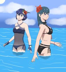 2girls bikini black_bikini black_swimsuit blue_bikini blue_eyes blue_hair blue_swimsuit byleth_(fire_emblem) byleth_(fire_emblem)_(female) byleth_(fire_emblem)_(female)_(summer) female_only fire_emblem fire_emblem:_three_houses fire_emblem_awakening fire_emblem_heroes flower_in_hair looking_at_viewer lucina_(fire_emblem) lucina_(summer)_(fire_emblem) marth_(fire_emblem_awakening) multiple_girls partially_submerged sea see-through short_hair somelewdstwc swimsuit teal_hair water