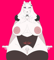 breasts_apart breasts_out breasts_out_of_clothes carsen dichromatic_eyes dichromatism eyes_visible_through_hair furry hair_on_breasts hair_over_one_eye highres huge_areolae huge_ass huge_breasts huge_thighs looking_at_viewer maid maid_uniform original_character pink_background pubic_fluff pubic_hair pussy revealing_clothes sitting unshaded waist_up wet_pussy white_fur