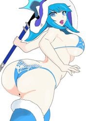 bikini blue_eyes blue_hair hat huge_ass huge_breasts lollipop looking_at_viewer looking_back mobile_legends ruby_(mobile_legends) simple_background stockings