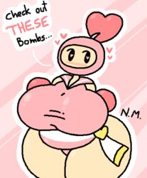 big_ass big_belly big_breasts big_butt bomberman chubby chubby_female heart heart-shaped_pupils heart_eyes large_ass large_breasts larger_female pink_background pink_bomber pink_skin sleepyslut thick thick_ass thick_legs thick_thighs