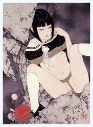 black_hair female female_only fine_art rope small_breasts socks straight_hair yamamoto_takato