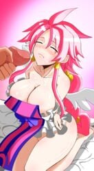 1girls angel artina bimbo bottomless breasts bukkake cleavage cum cum_eating disgaea disgaea_4 facial happy huge_breasts large_breasts naughty_face nippon_ichi_software no_panties penis pink_hair tagme