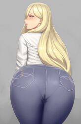 1girls angry ass ass_focus big_ass blonde_hair blue_eyes blush denim female_only grey_background highres huge_ass jeans kantai_collection lips long_hair long_sleeves looking_at_viewer looking_back lvl lvl_(sentrythe2310) mole mole_under_eye mole_under_mouth pants pantylines parted_lips presenting richelieu_(kantai_collection) shirt simple_background skin_tight solo tight_jeans tight_pants white_shirt