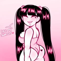 <3 1girls back_view beauty_mark belly big_ass big_breasts big_butt big_thighs bimbo blush blushing breasts cinnabus closed_eyes dark_hair eyebrows_behind_hair eyes_closed female female_focus female_only gradient_background hair_ornament heart heart_marking heart_on_butt large_ass large_breasts lipstick long_hair mole_on_breast one-piece_swimsuit pink_hair pink_lips simple_background smile smiling sona_(cinnabus) swimsuit talking talking_to_viewer text thick_thighs turning_head twintails very_long_hair voluptuous white_skin