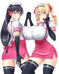 2girls akiha_(mayoiga_no_onee_san) apron areolae ass asymmetrical_docking black_gloves black_hair black_legwear blonde_hair breasts clothing curled_hair curvaceous dark_hair drill_hair elbow_gloves erect_nipples erect_nipples_under_clothes exposed_panties female female_only gloves green_eyes hair_ornament hair_ribbon high_resolution holding_hands huge_breasts impossible_clothes impossible_shirt interlocked_fingers latex latex_gloves licking_lips lingerie long_hair looking_at_viewer looking_back low-tied_long_hair maid_headdress mayoiga_no_onee_san microskirt miniskirt multiple_girls nanae natsuki_(mayoiga_no_onee_san) nipple_bulge nipples open_mouth panchira panties pantsu pantylines puffy_areola puffy_areolae purple_eyes red_eyes red_ribbon ribbon shiny_hair shirt side_slit skirt slender_waist smile standing suspenders thighhighs thighs tied_hair twin_drills twintails underwear uniform upskirt waitress white_background white_panties white_shirt white_underwear