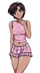 1girls big_breasts breasts brown_eyes brown_hair clothing drawthread_request female female_only gainax hard_nipples human light-skinned_female light_skin maya_ibuki medium_breasts neon_genesis_evangelion panties pink_panties see-through see-through_bottom see-through_clothing see-through_top sheer_clothing short_hair skirt smile solo tan_skin thick_thighs visible_areolae visible_breasts visible_nipples visible_panties white_background